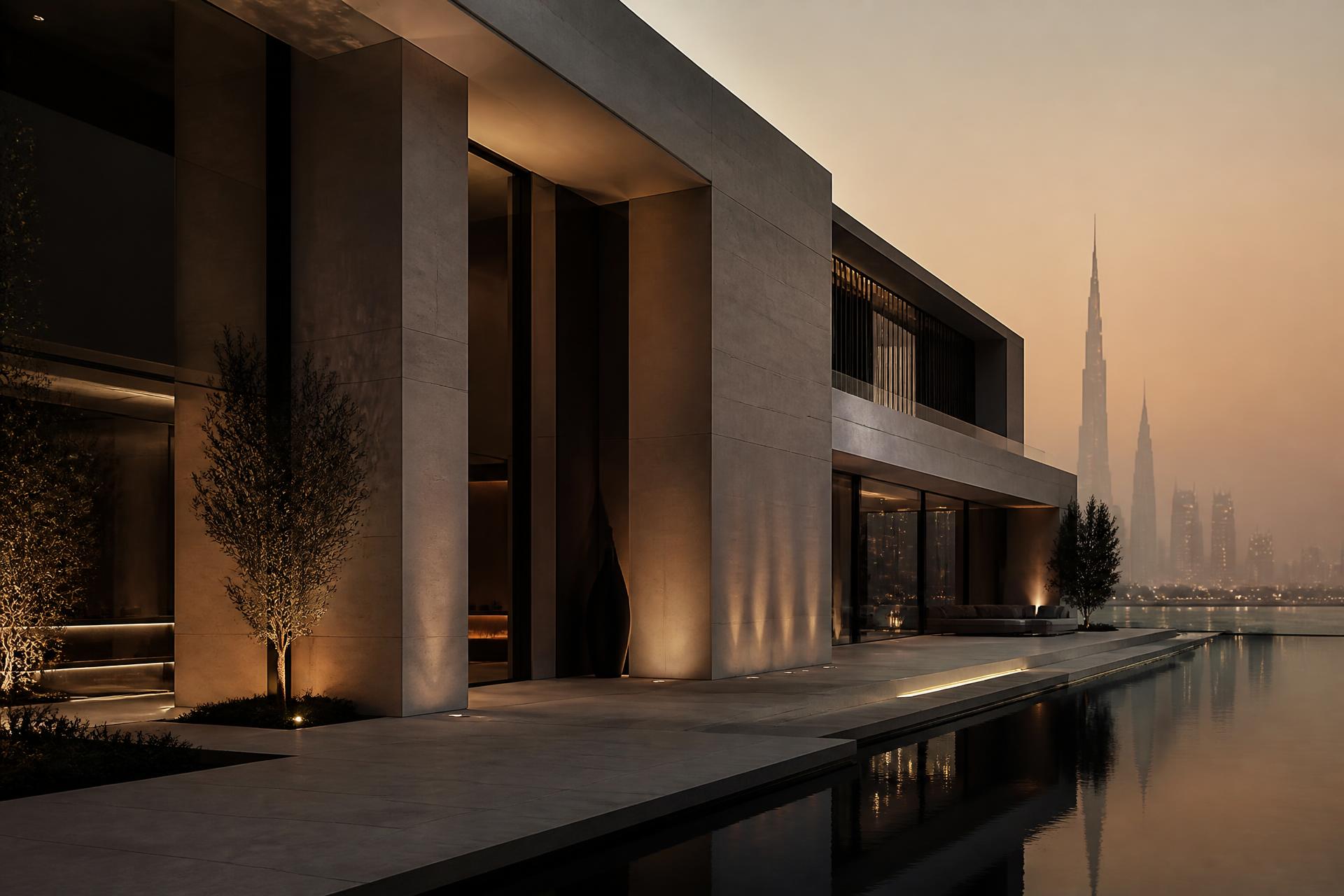 A contemporary Dubai private residence at dusk, its stone facade mirrored in a still reflecting pool